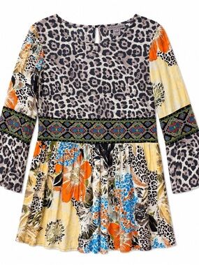 Sharon Young • Boho • Leopard Print • Peplum • Tunic Top • Size Small